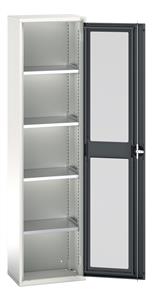 verso window door cupboard with 4 shelves. WxDxH: 525x350x2000mm. RAL 7035/5010 or selected Verso Glazed Clear View Storage Cupboards for Tools with Shelves